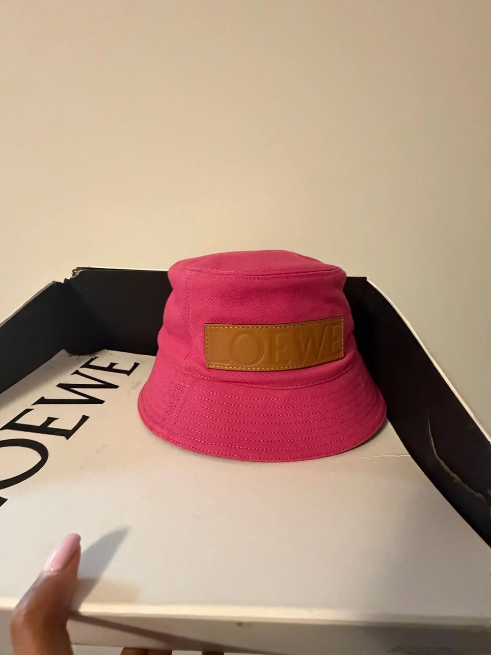 Loewe Hot Pink Bucket Hat with Tan Leather Patch